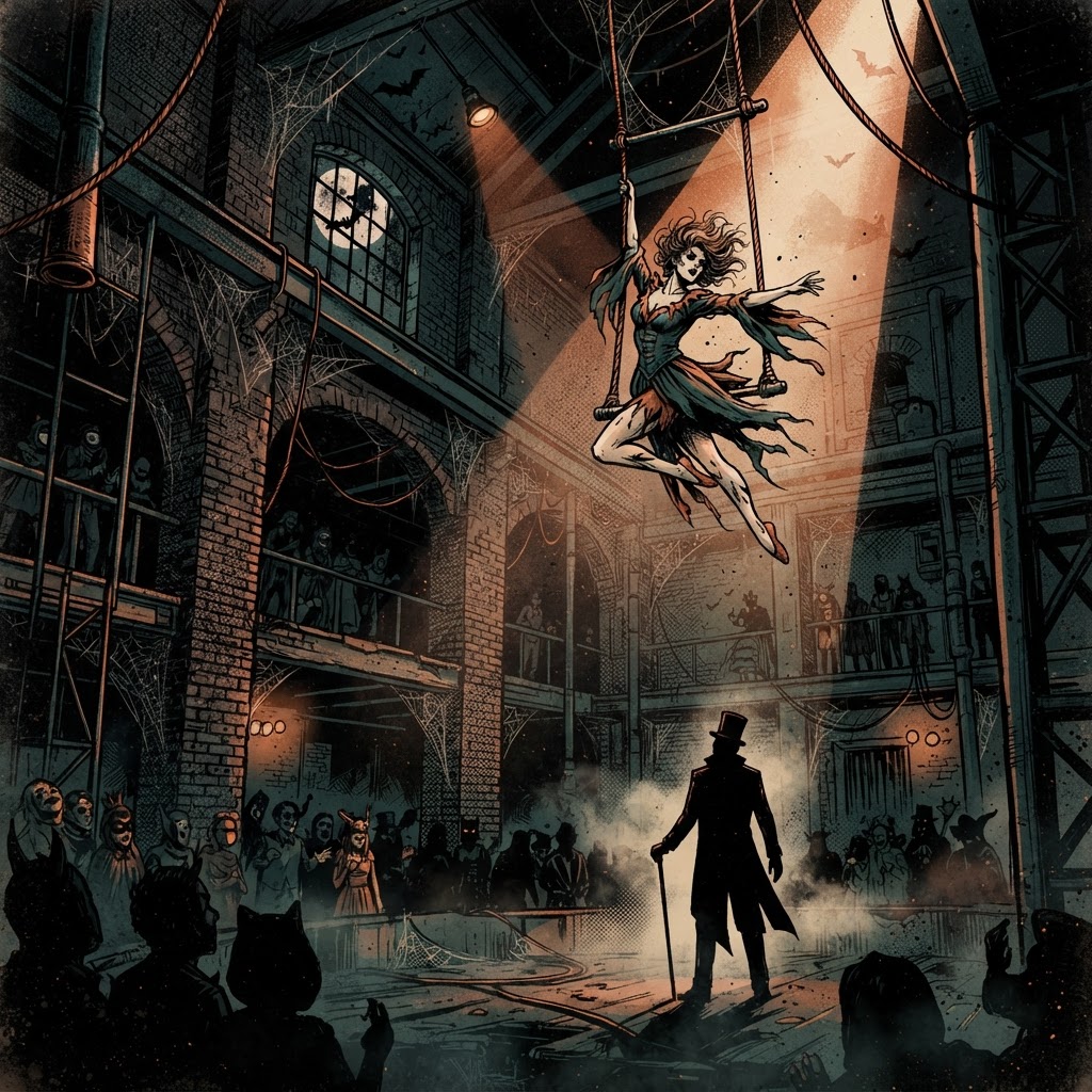 Graphic novel illustration of a spooky circus performance in a historic venue