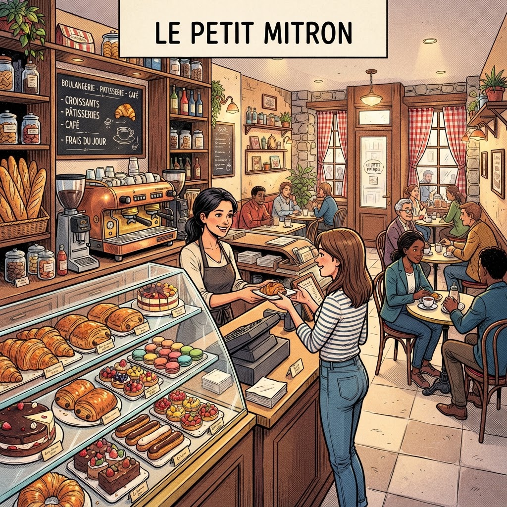 Graphic novel illustration of Cakes and Layers French bakery