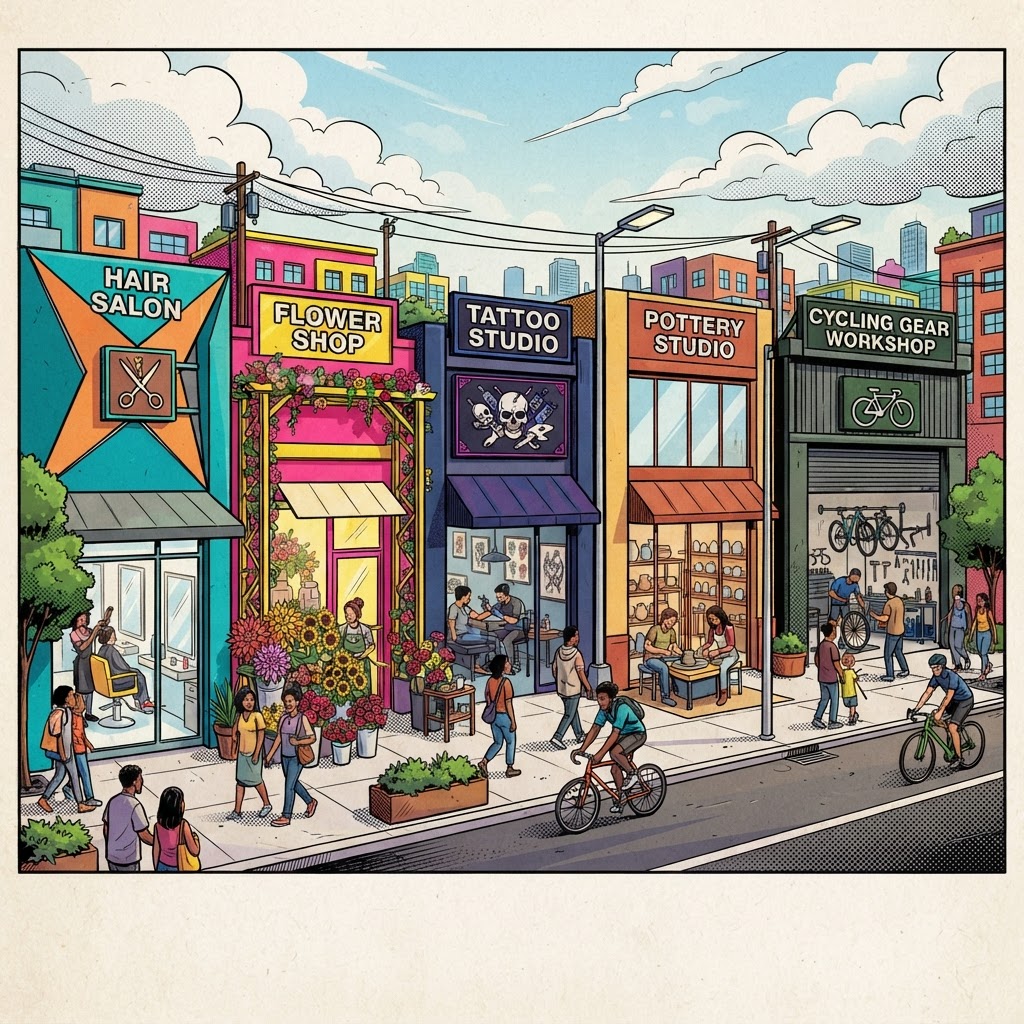 Graphic novel illustration of creative studios in the Design District