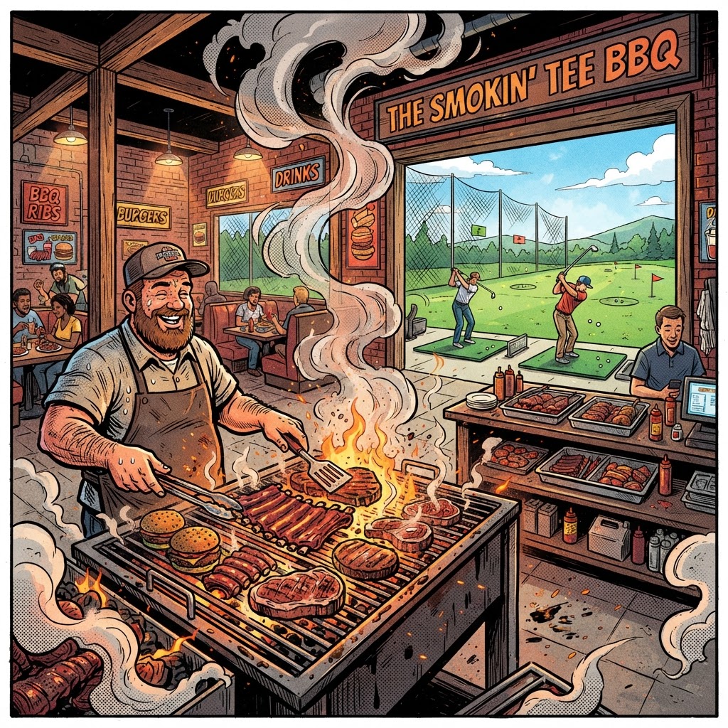 Graphic novel illustration of The Joint BBQ restaurant