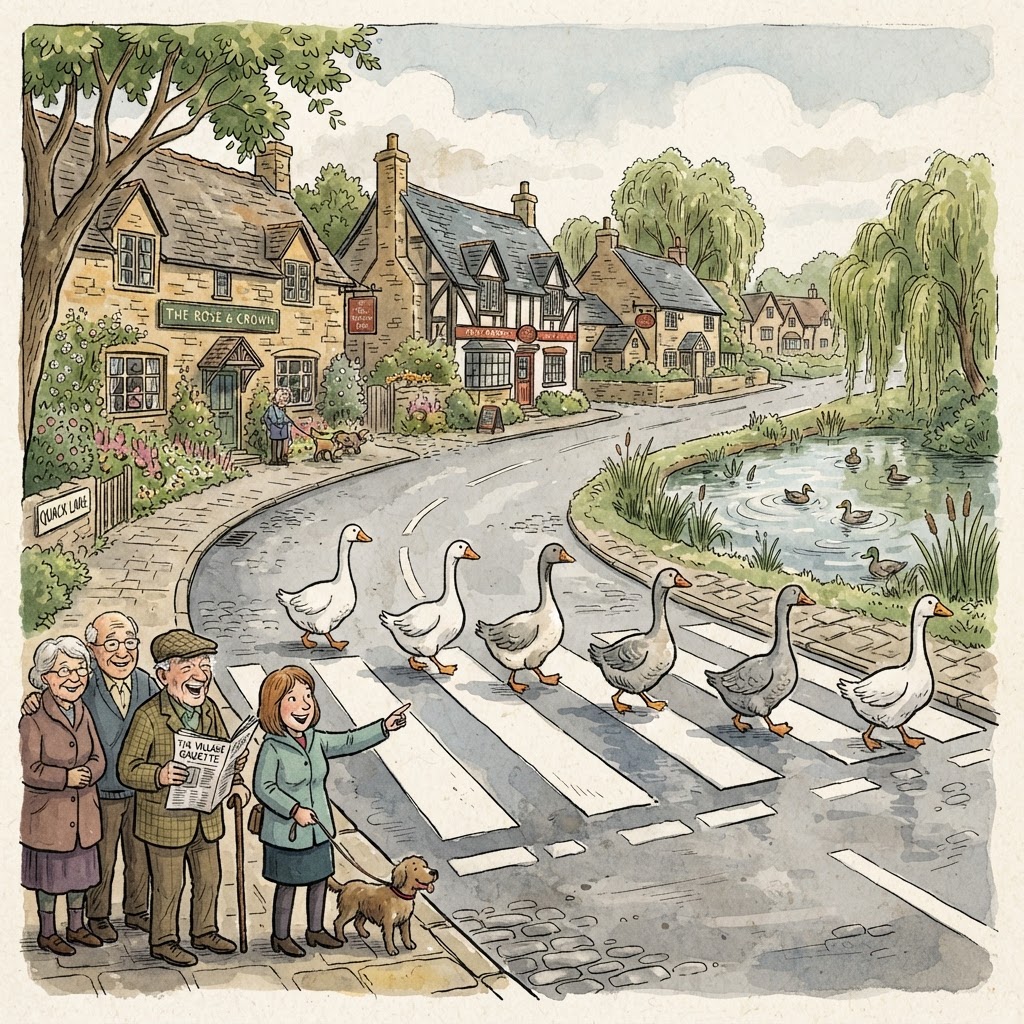 Illustration of geese crossing a zebra crossing by a pond