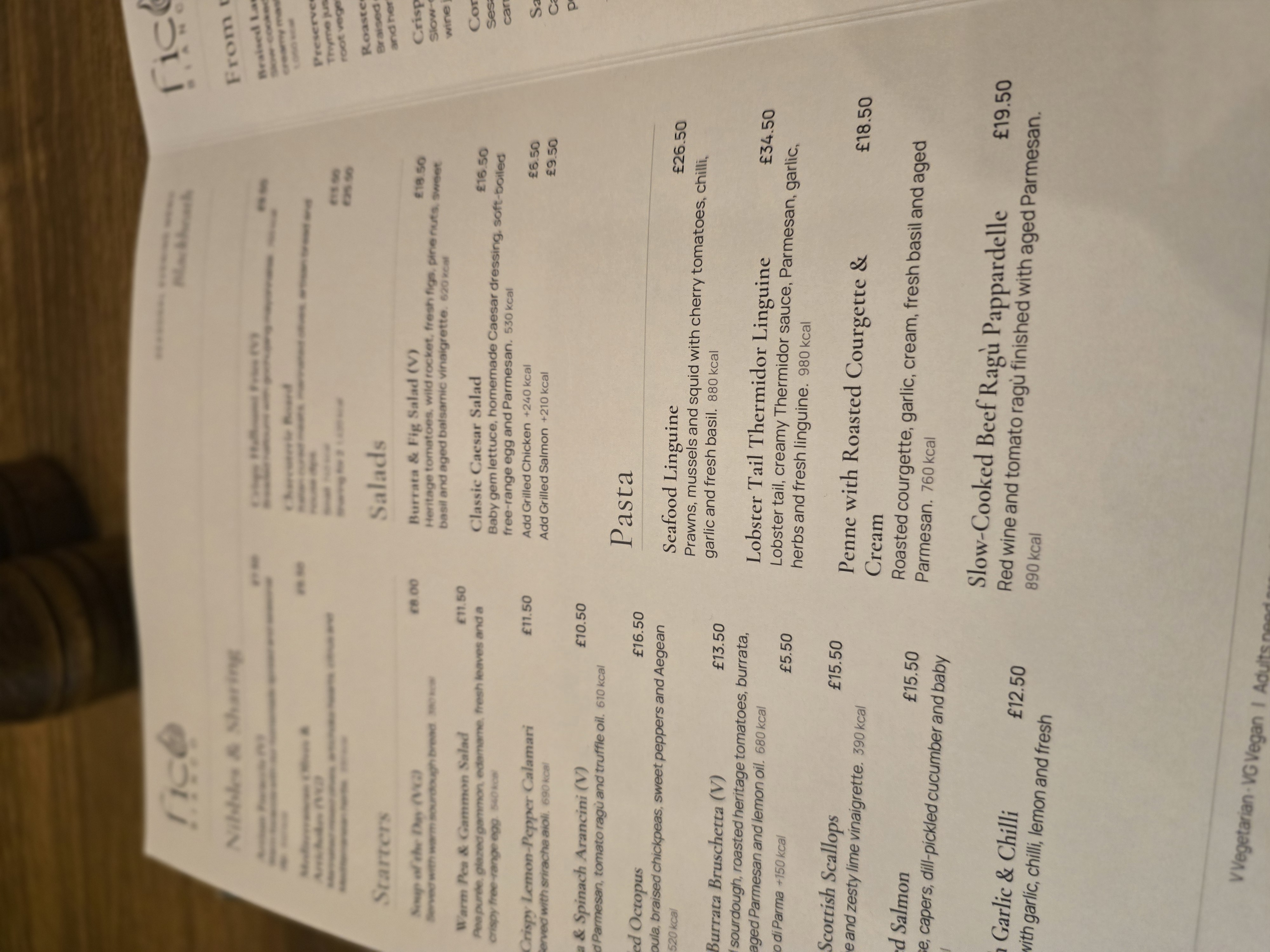 Fico Bianco menu - starters, salads and pasta