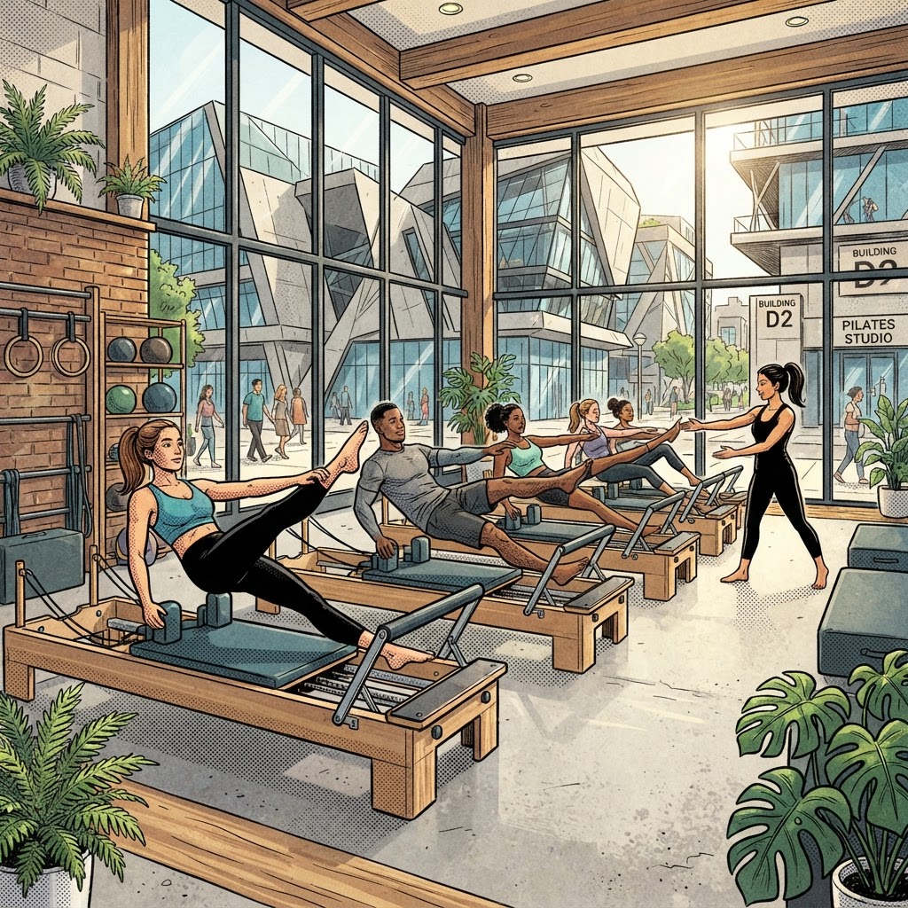 Graphic novel illustration of the Sunday Studios reformer Pilates studio