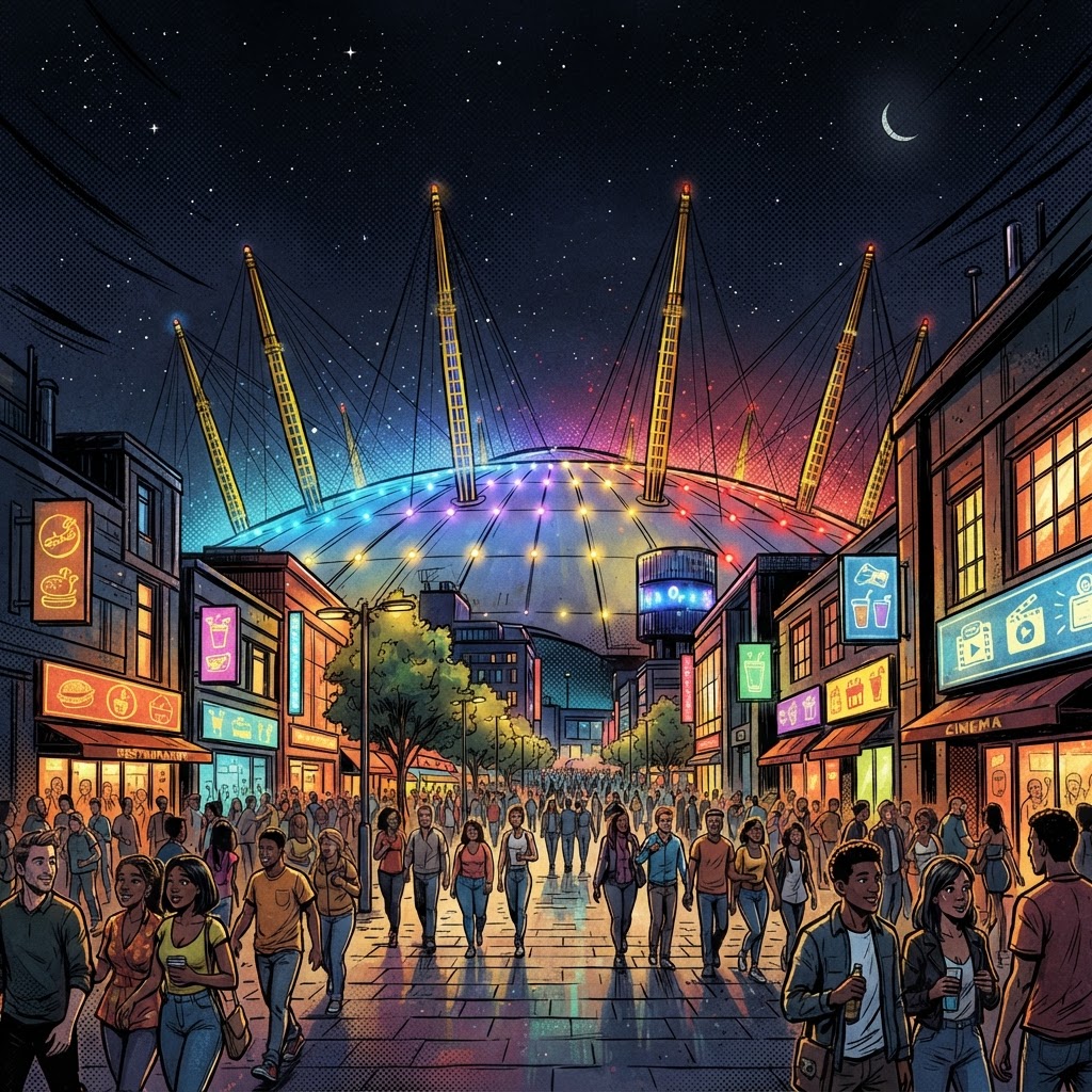 Graphic novel illustration of the O2 Arena at night