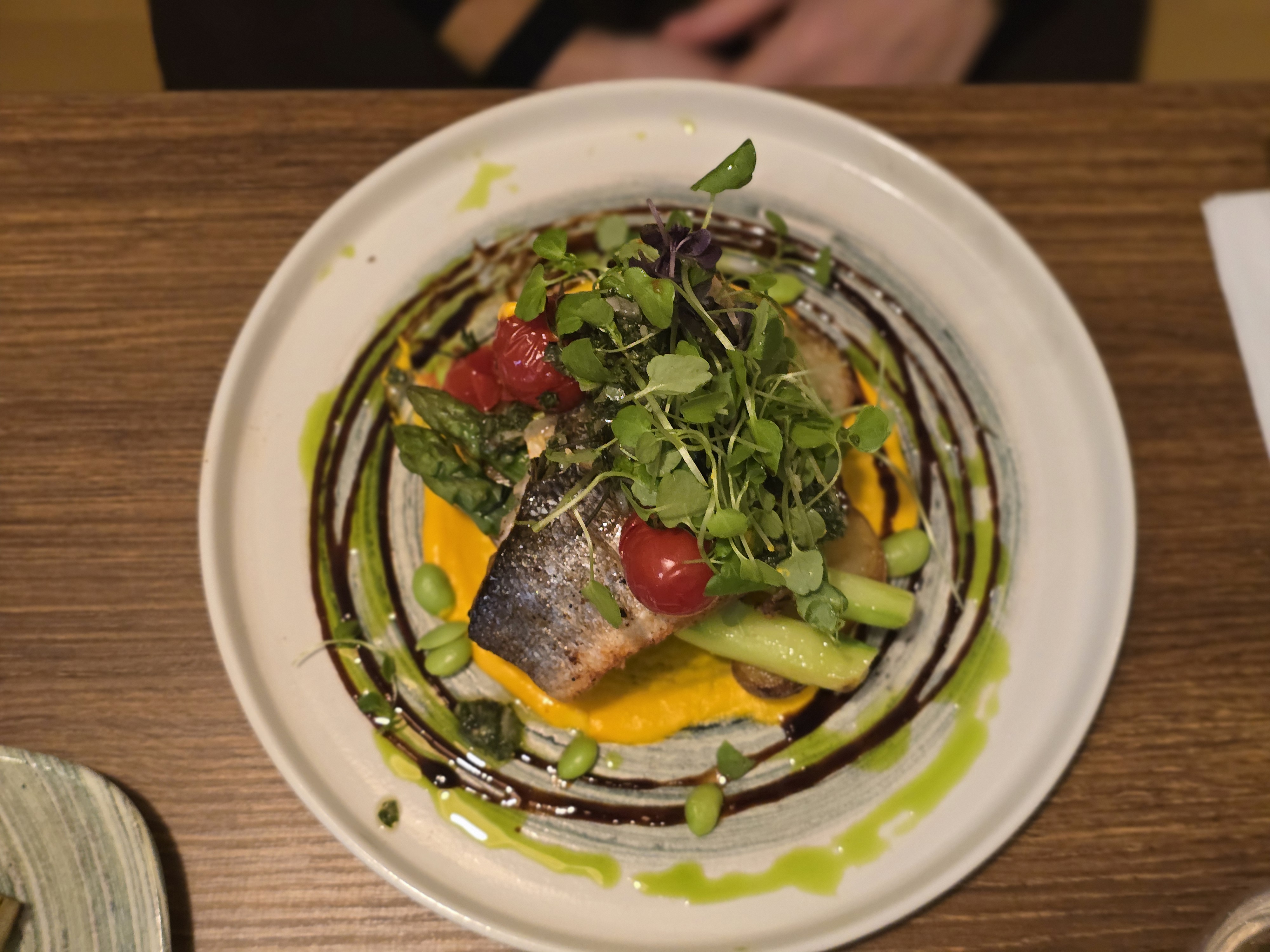 Pan-seared seabass with asparagus and edamame