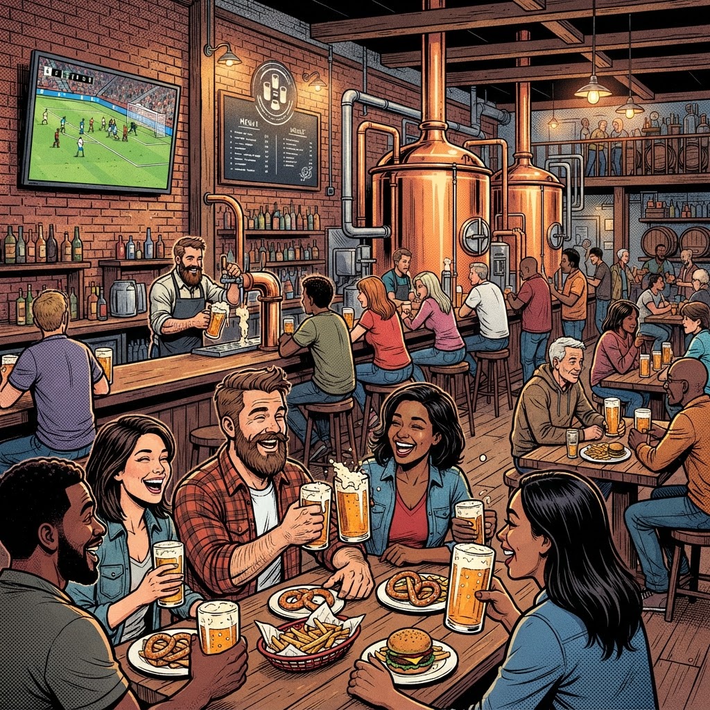 Graphic novel illustration of The Dial microbrewery interior