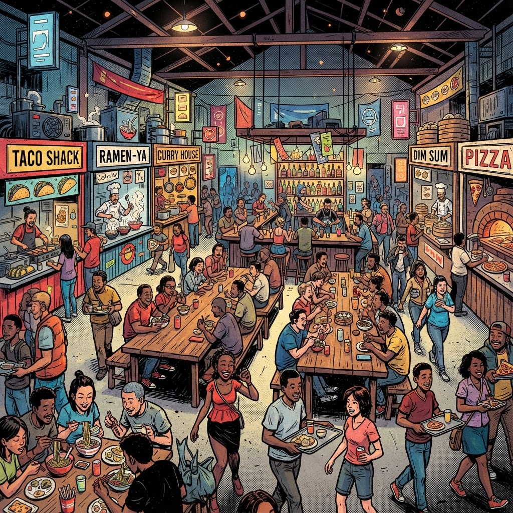 Graphic novel illustration of the Canteen Food Hall with street food stalls