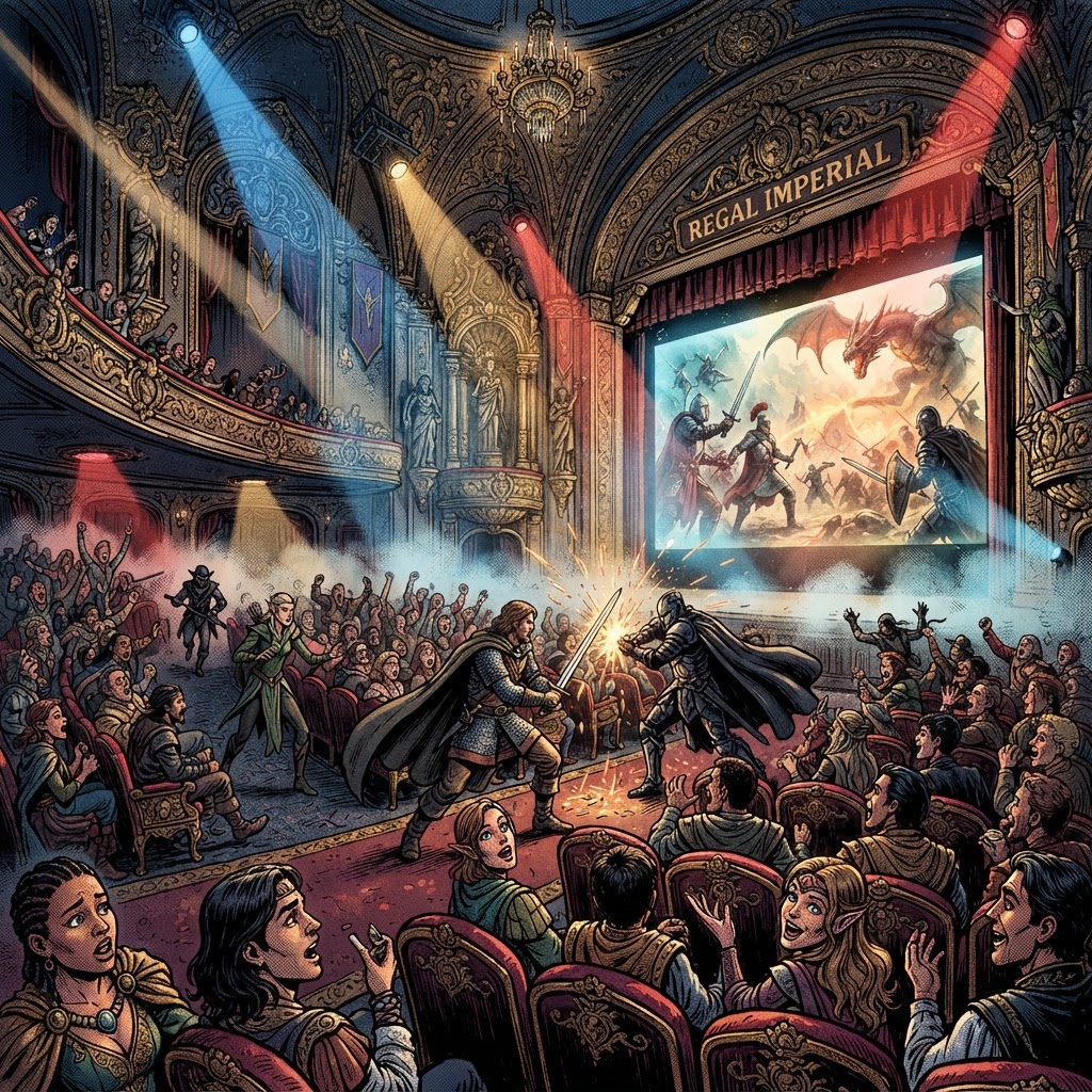 Graphic novel illustration of an immersive Secret Cinema experience