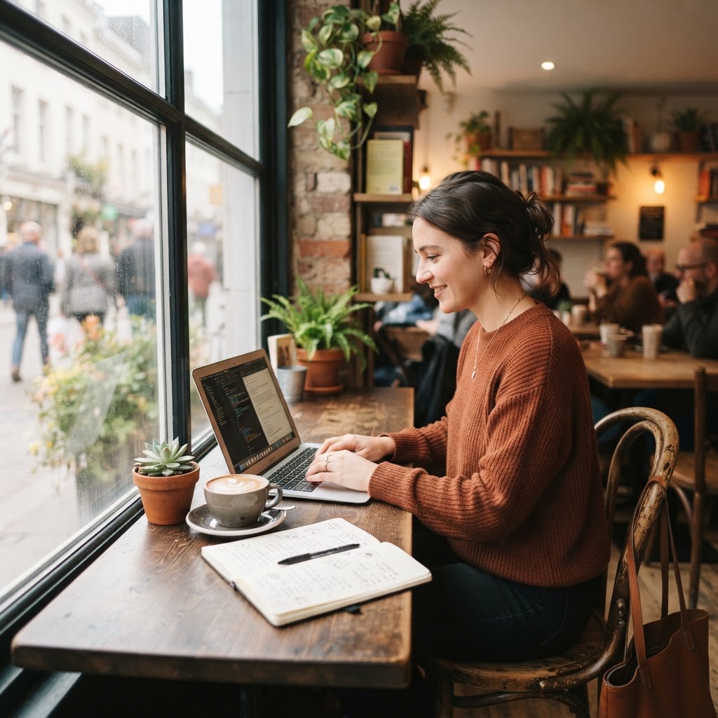 A person working remotely on a laptop in a cozy cafe