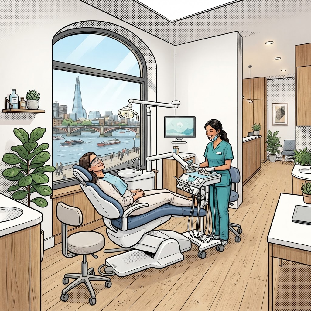 Graphic novel illustration of the Banning Dental and Skin Clinique interior
