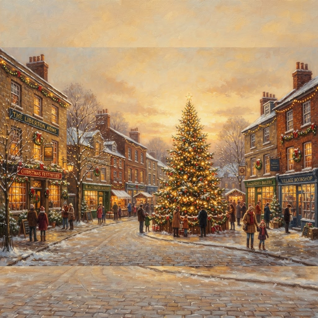 Festive Christmas scene in Blackheath village at dusk
