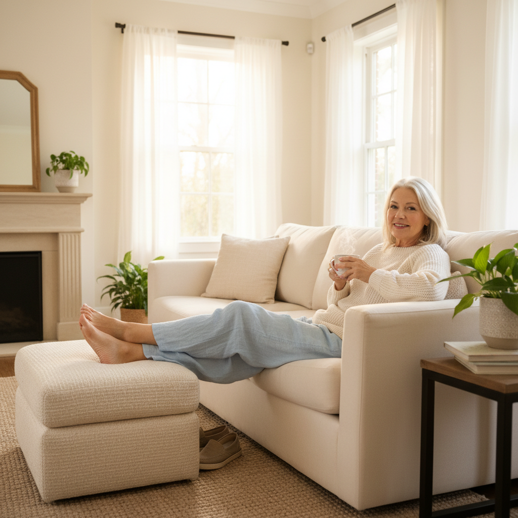 Older woman relaxing on couch with feet up