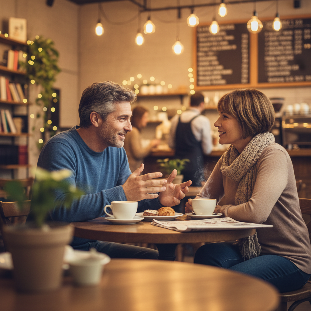 Two people talking in a coffee shop