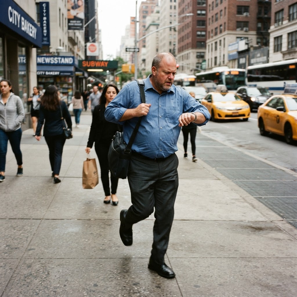 Man hurrying on sidewalk