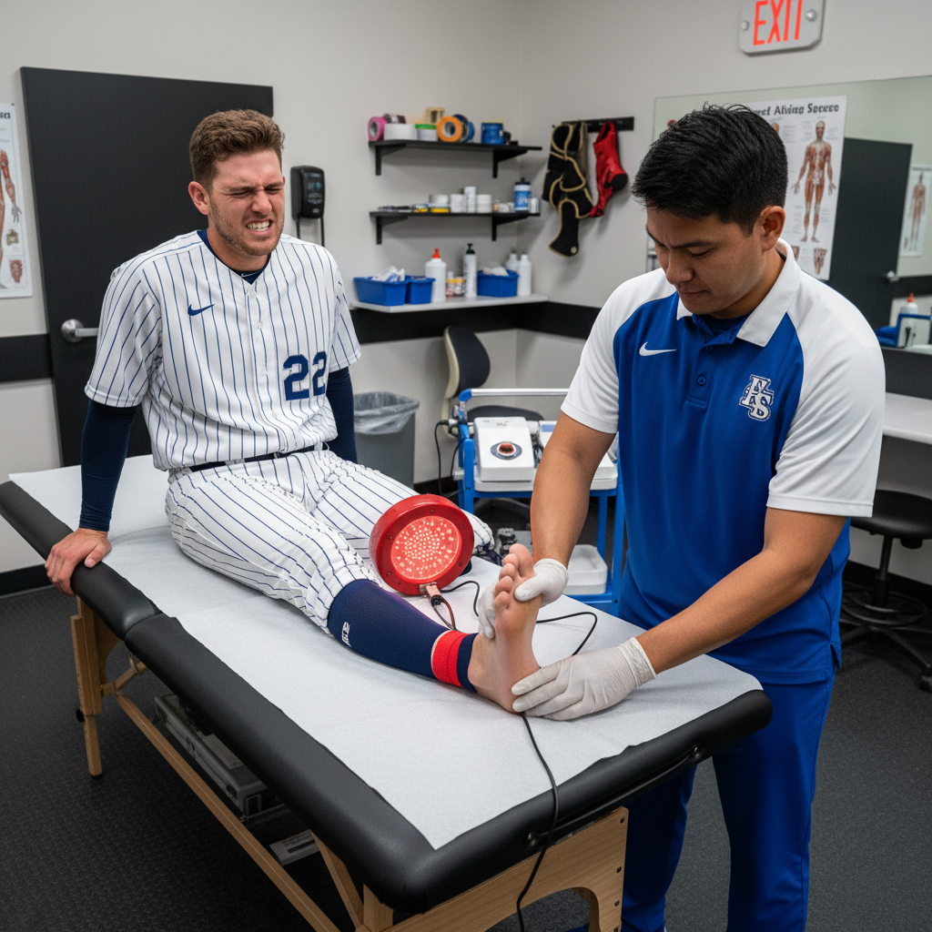 Baseball athlete foot treatment in the training room