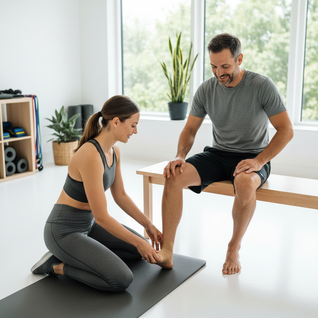 Trainer helping a seated person with a foot issue