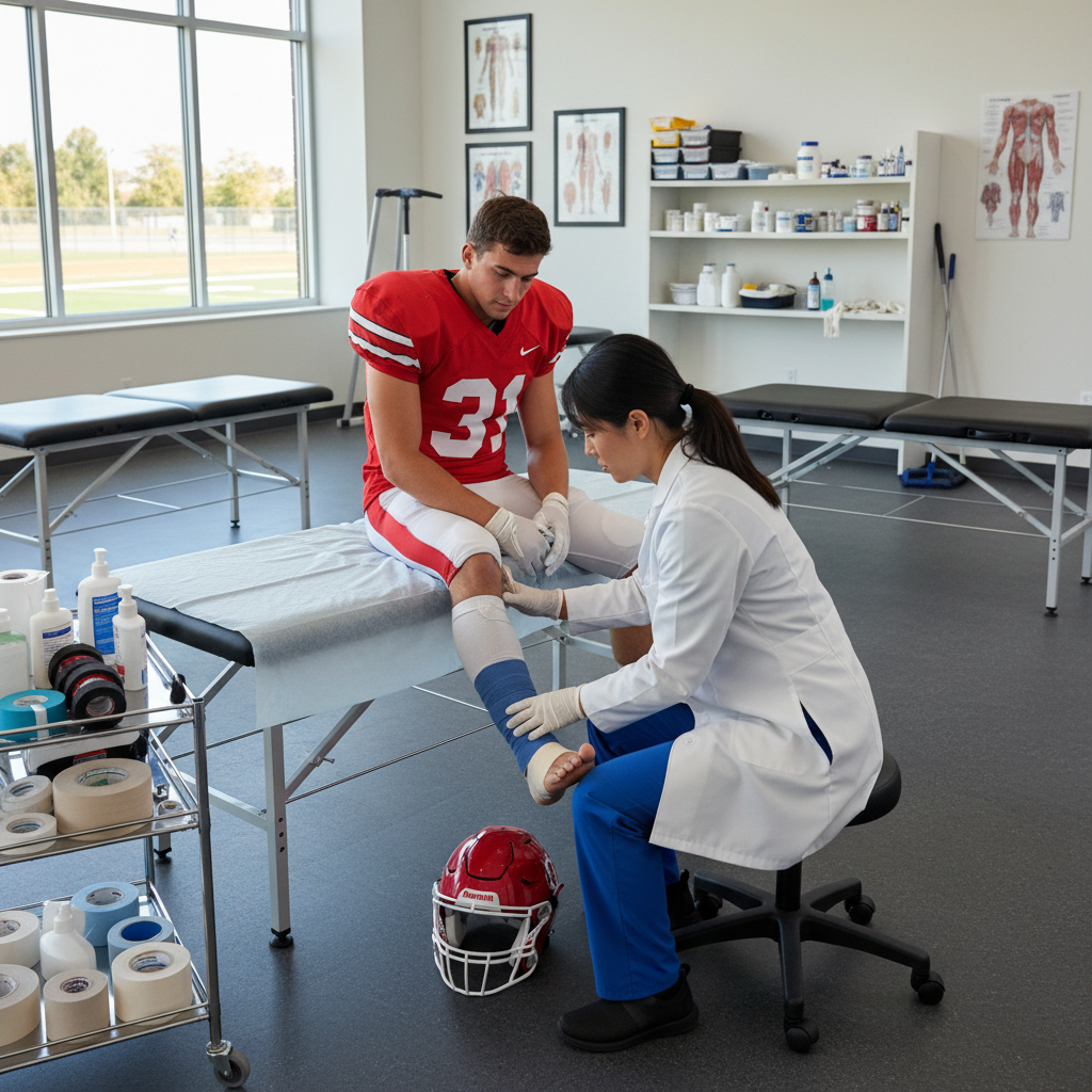 Football athlete foot treatment in the training room