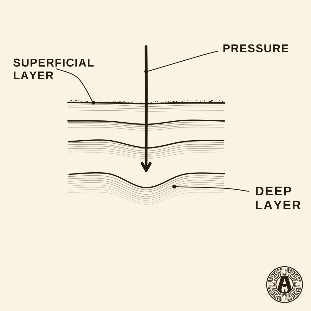 Deep tissue massage mechanism at Achilles Clinic: pressure reaching the deep muscle layer, anatomical engraving