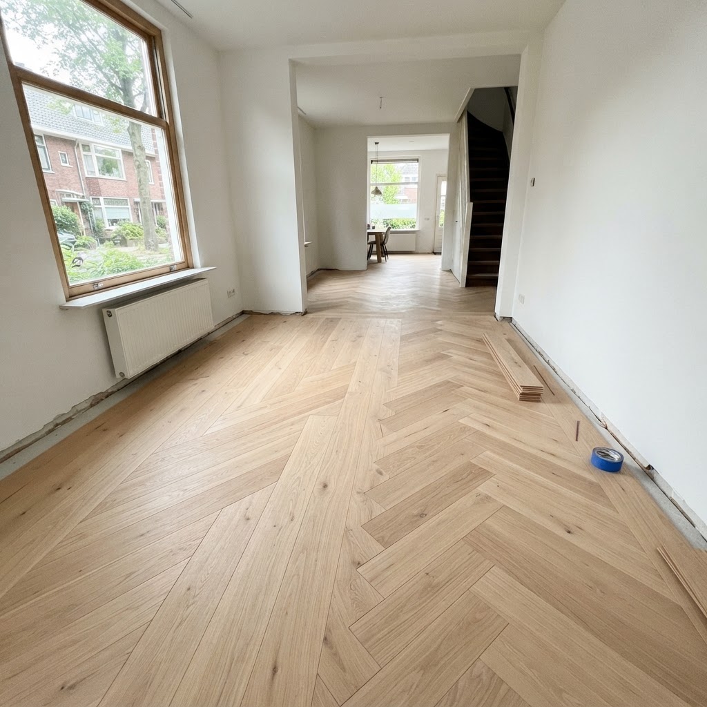 Pas gelegde houten parketvloer in een Nederlandse woning, strak gelegd met egale voegen, werk uitgevoerd door Parus Bouwbedrijf