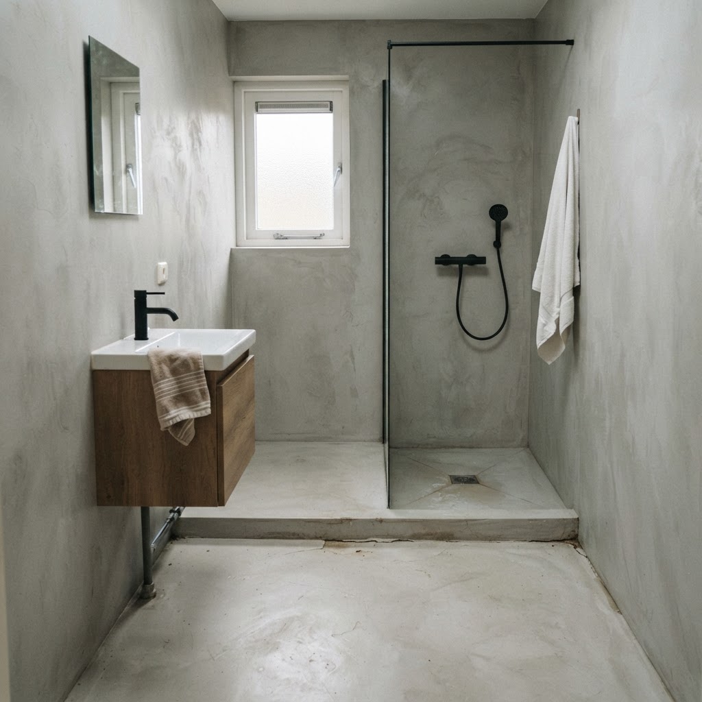 Net opgeleverde badkamer met lichtgrijze microcement op wanden en vloer, mat en zonder glans, met een inloopdouche en eenvoudig badmeubel