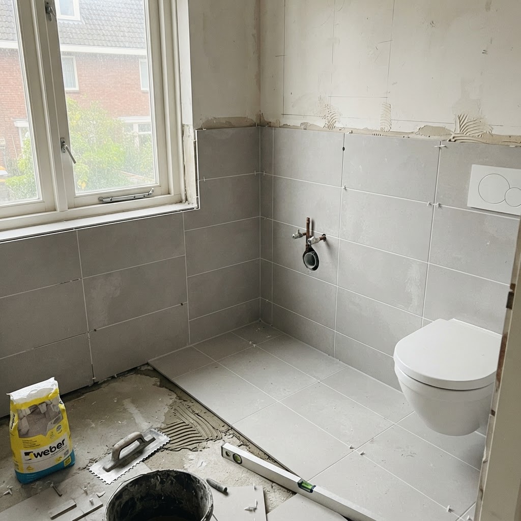 Pas gelegde wandtegels in een Nederlandse woning, egale voegen en strakke afwerking, werk uitgevoerd door Parus Bouwbedrijf