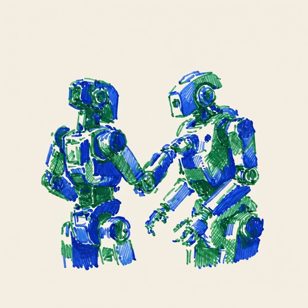 Two robots reaching toward each other