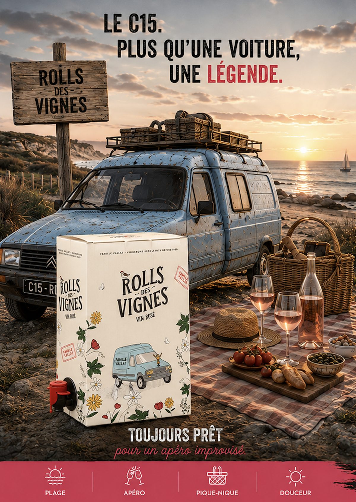 Univers graphique de la cuvée Rolls des Vignes Rosé