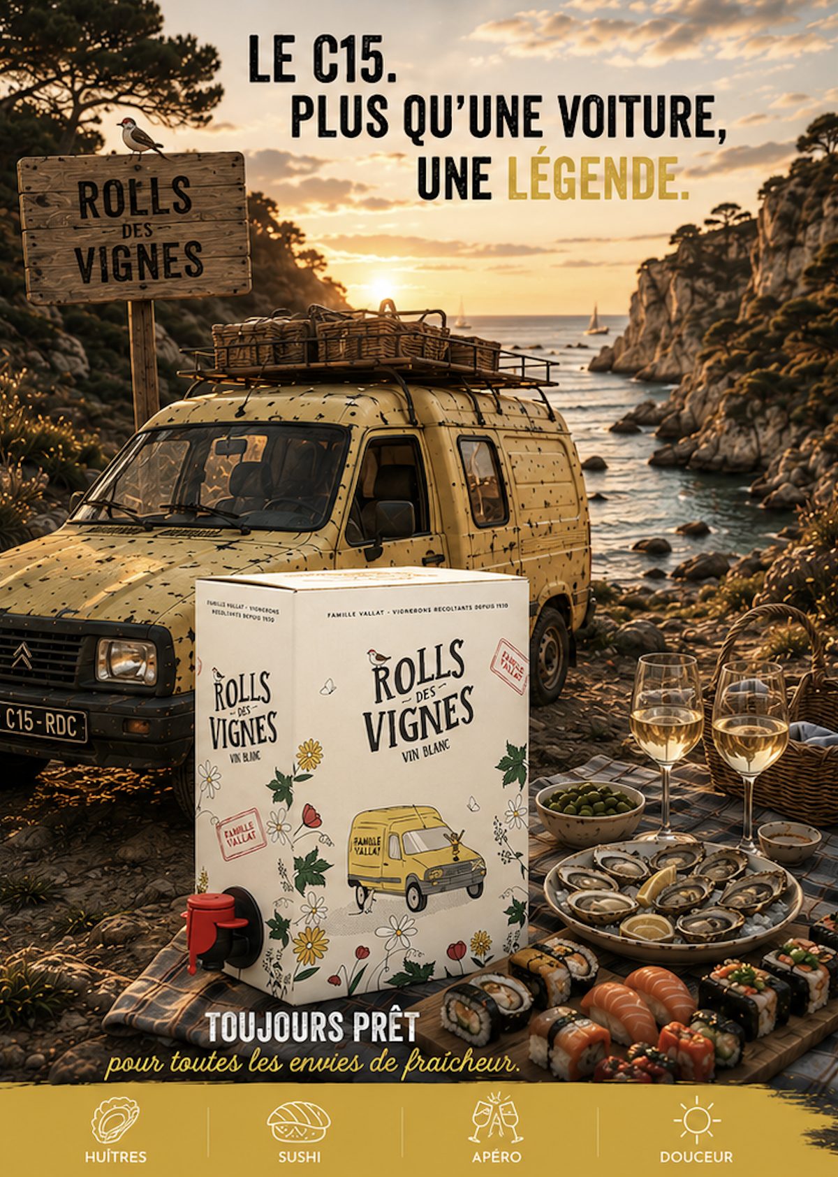 Univers graphique de la cuvée Rolls des Vignes Blanc