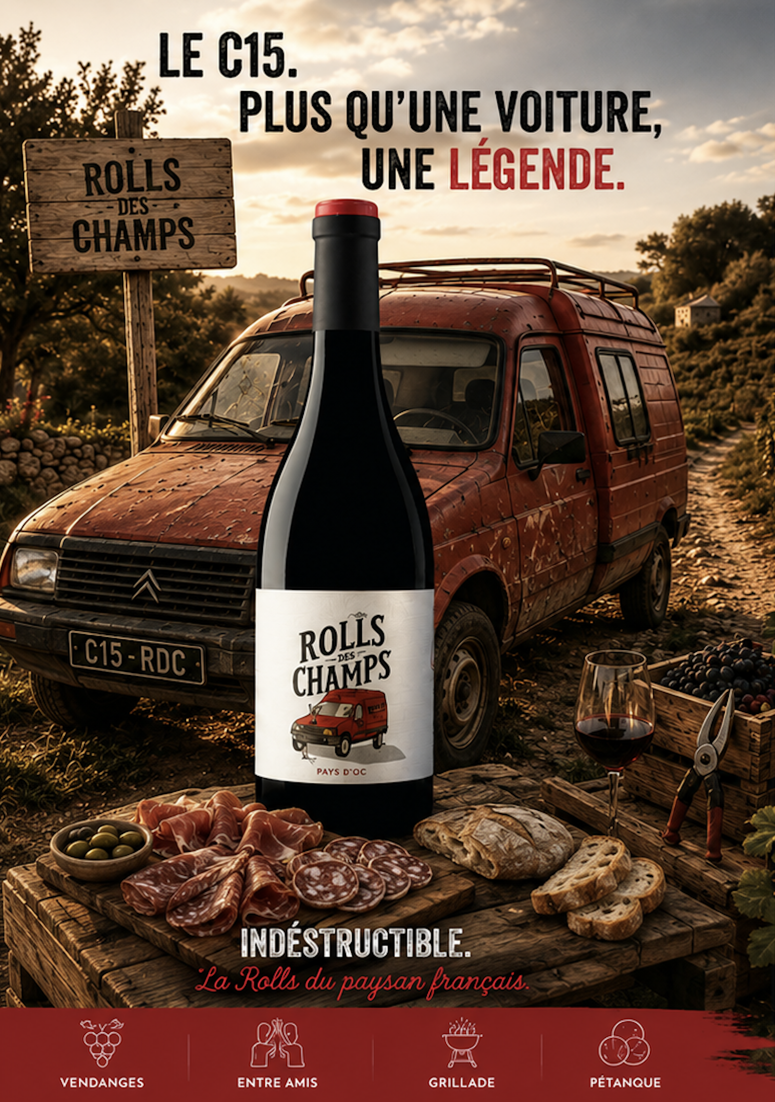 Univers graphique de la cuvée La Rolls des Champs Rouge
