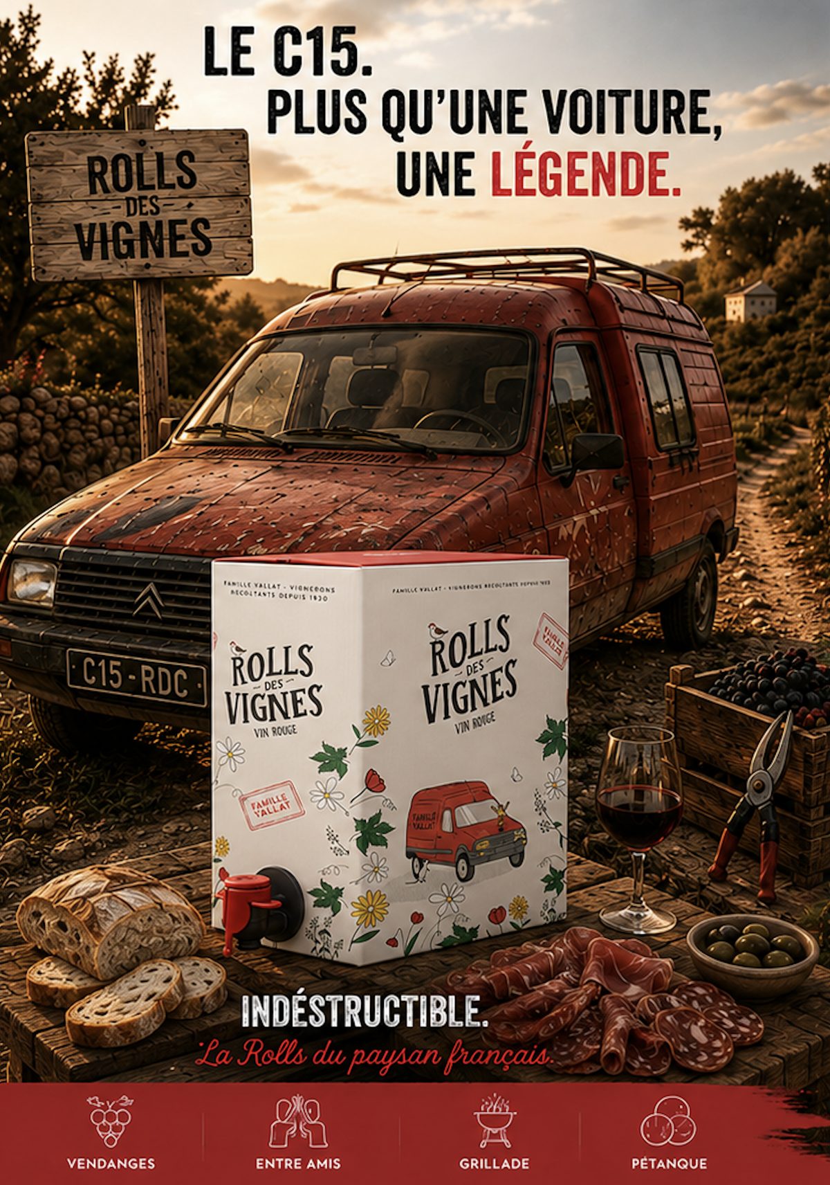 Univers graphique de la cuvée Rolls des Vignes Rouge