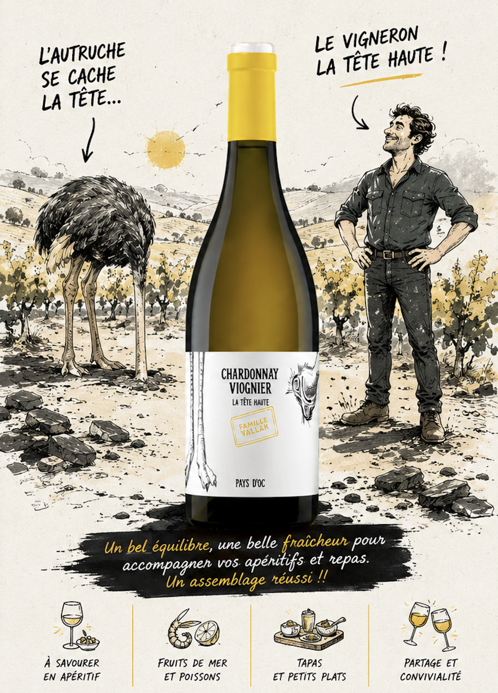 Univers graphique de la cuvée Tête Haute Viognier Chardonnay