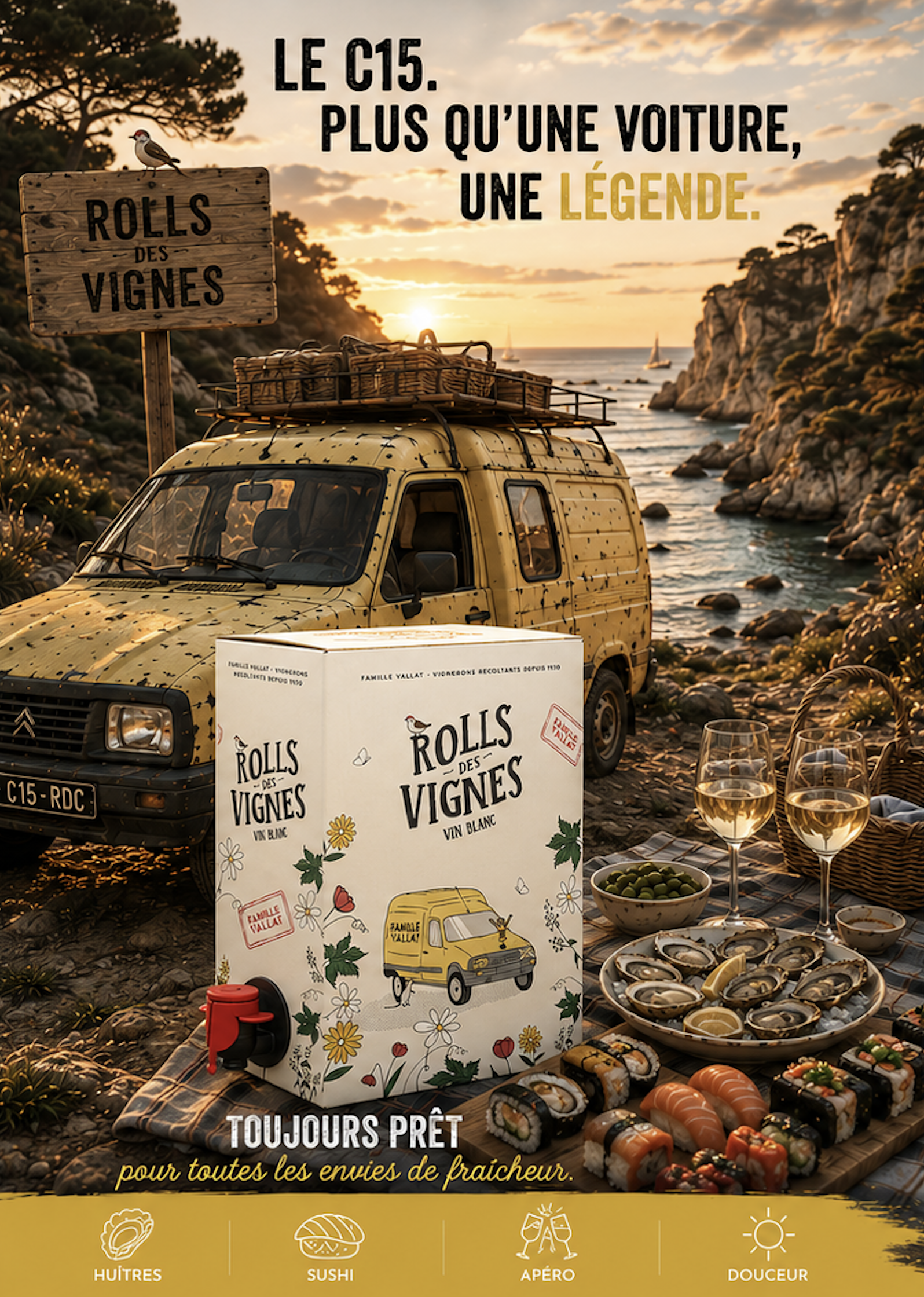 Univers graphique de la cuvée Rolls des Vignes Blanc
