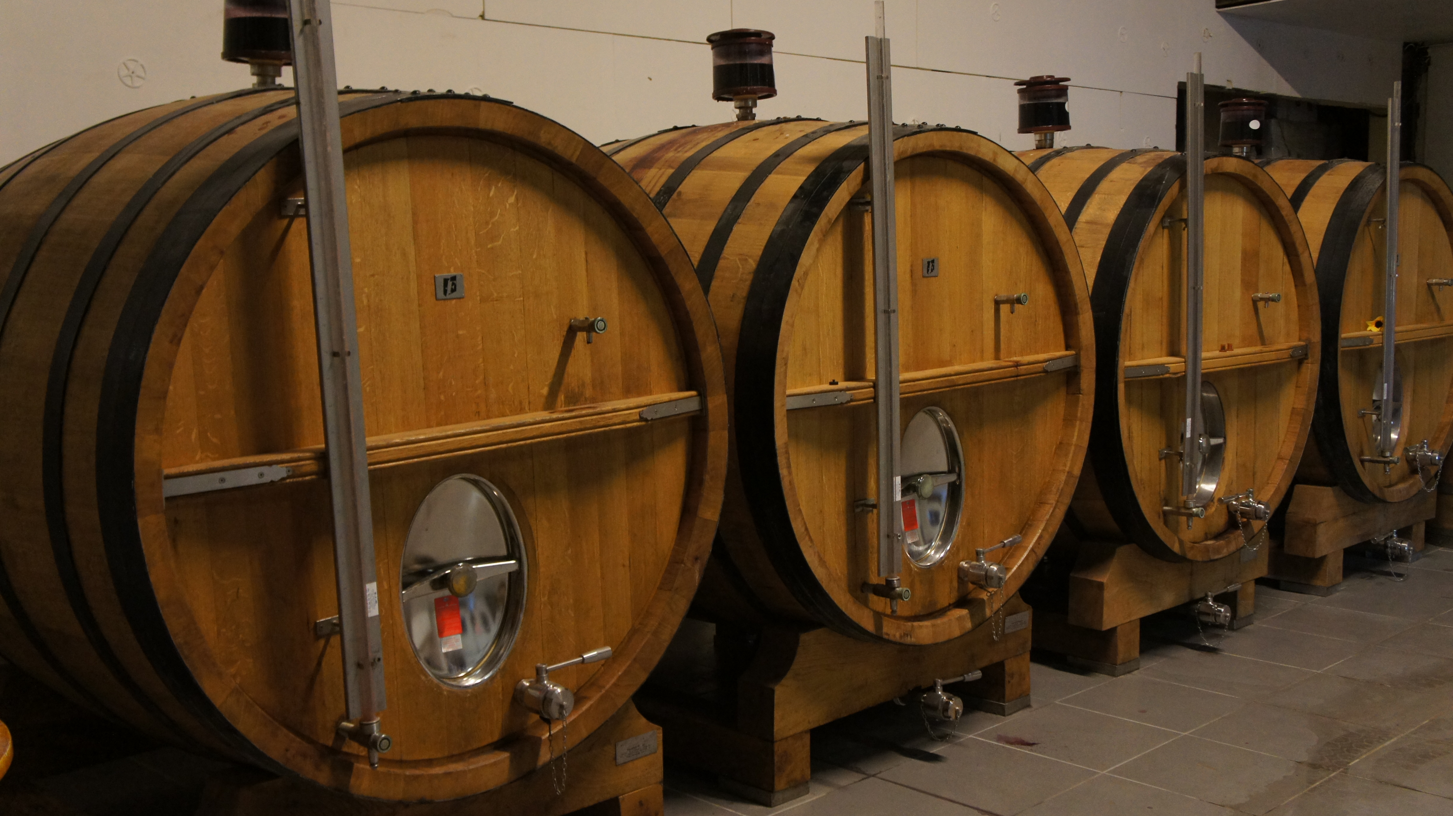 Les foudres en bois dans la cave du Château Mandagot
