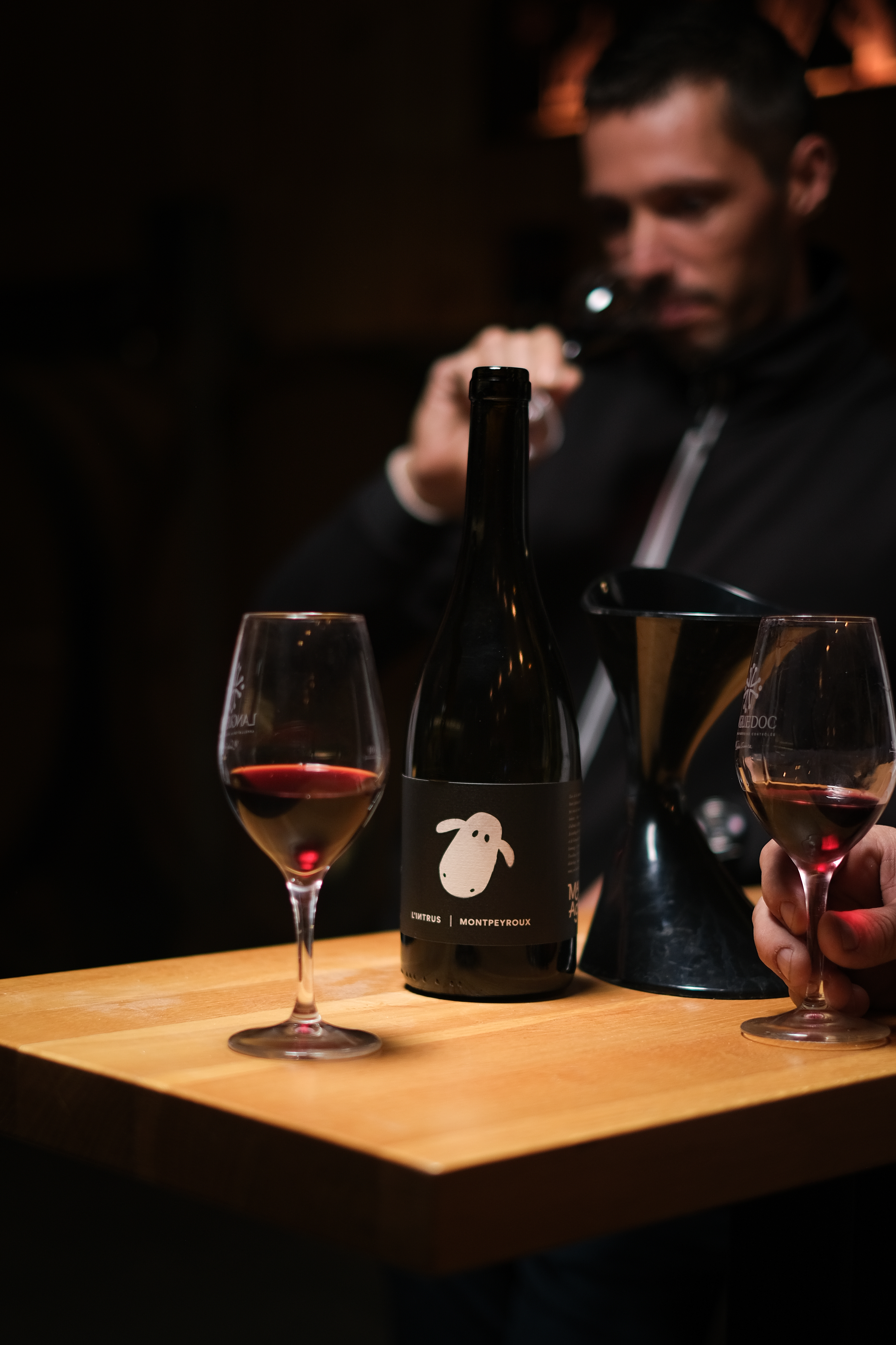 Bouteille de L’Intrus Montpeyroux et verres pendant une dégustation en cave