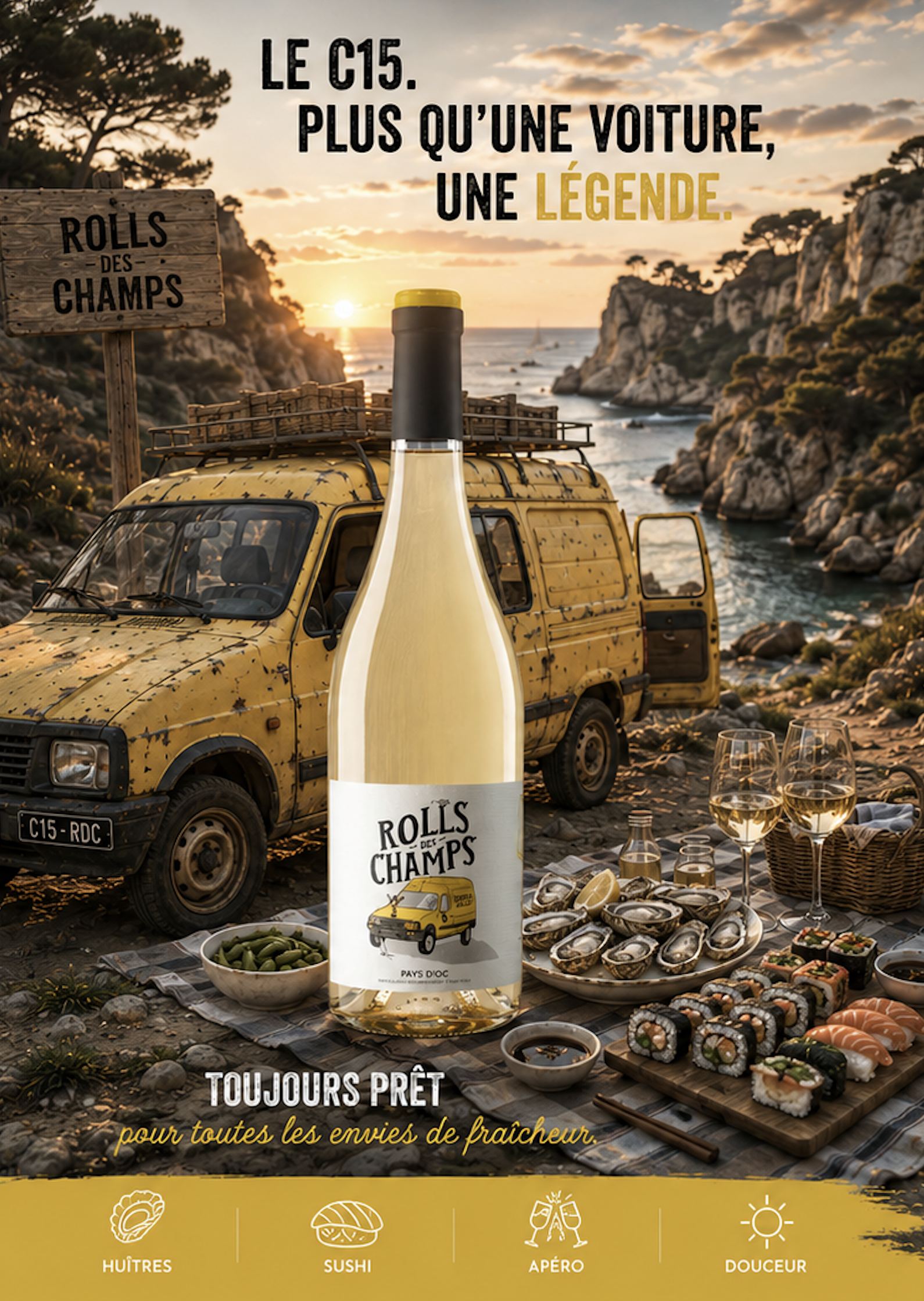 Univers graphique de la cuvée La Rolls des Champs Blanc