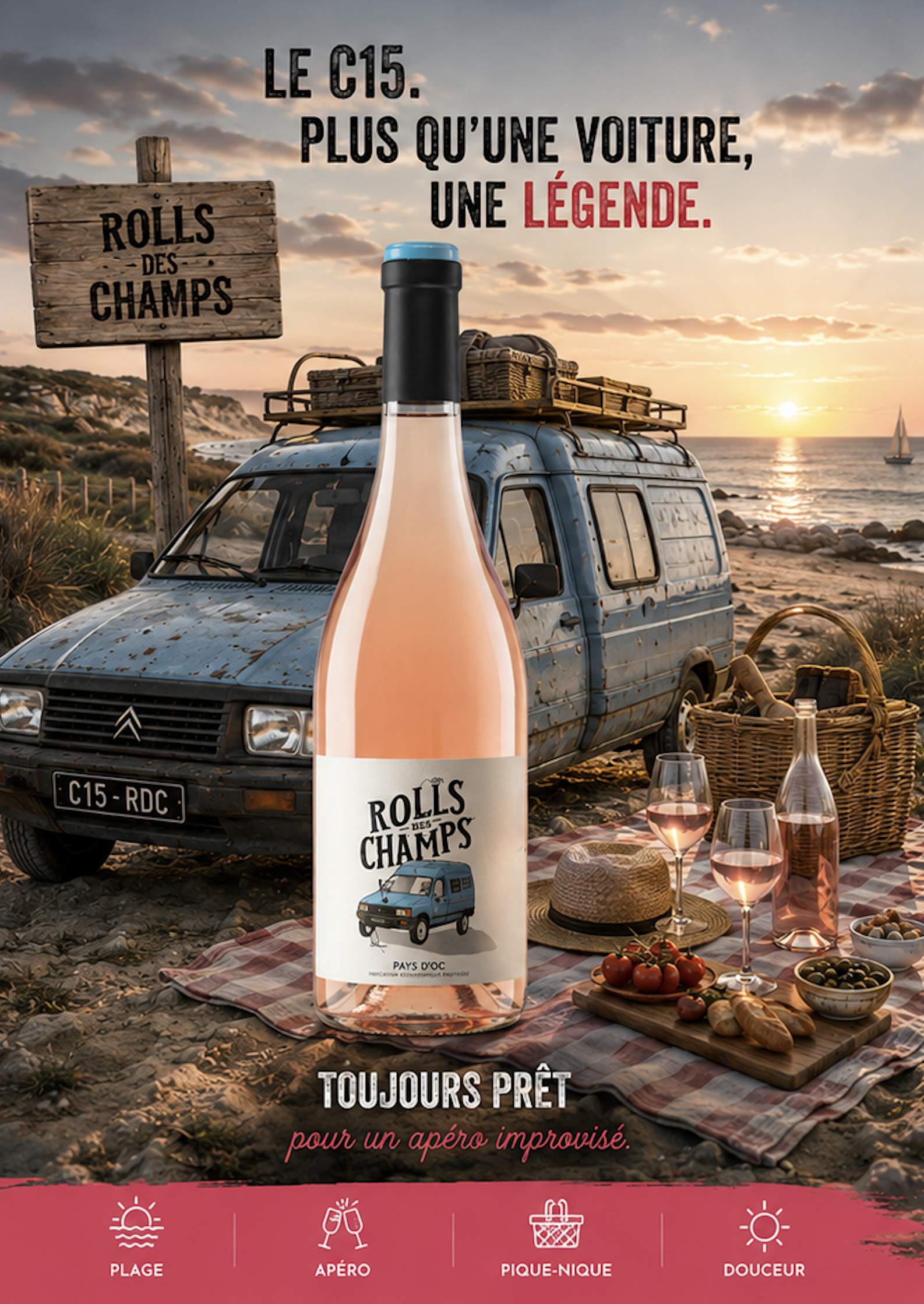 Univers graphique de la cuvée La Rolls des Champs Rosé