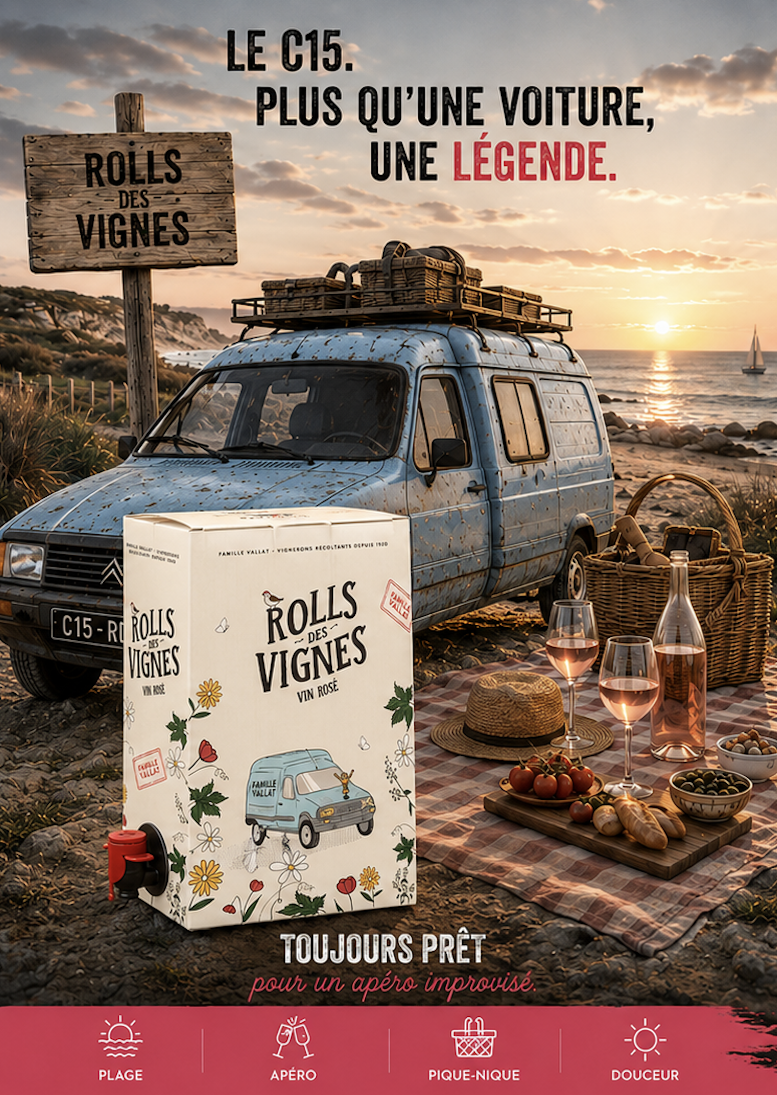 Univers graphique de la cuvée Rolls des Vignes Rosé