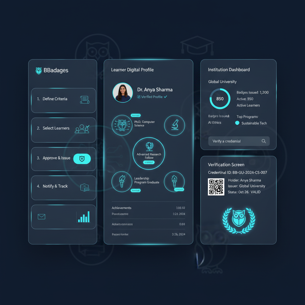 BBadges education credentialing interface with badge issuance and learner profiles