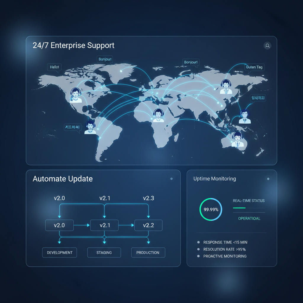 24/7 multilingual enterprise support and automated platform updates