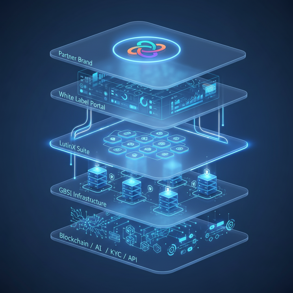 Layered architecture: Partner Brand → White Label Portal → LutinX Suite → GBSI Infrastructure → Blockchain AI KYC API