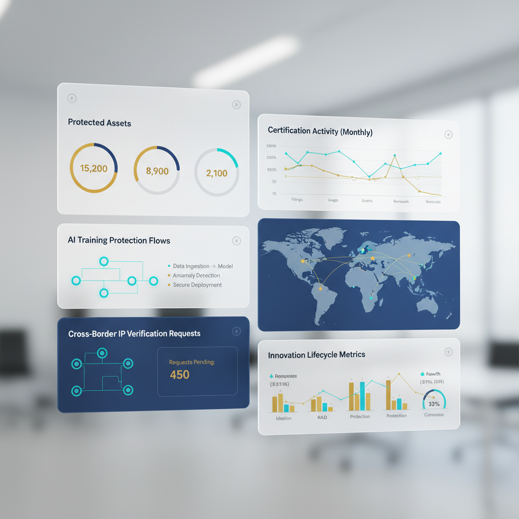 IP analytics dashboard showing innovation activity and certification metrics