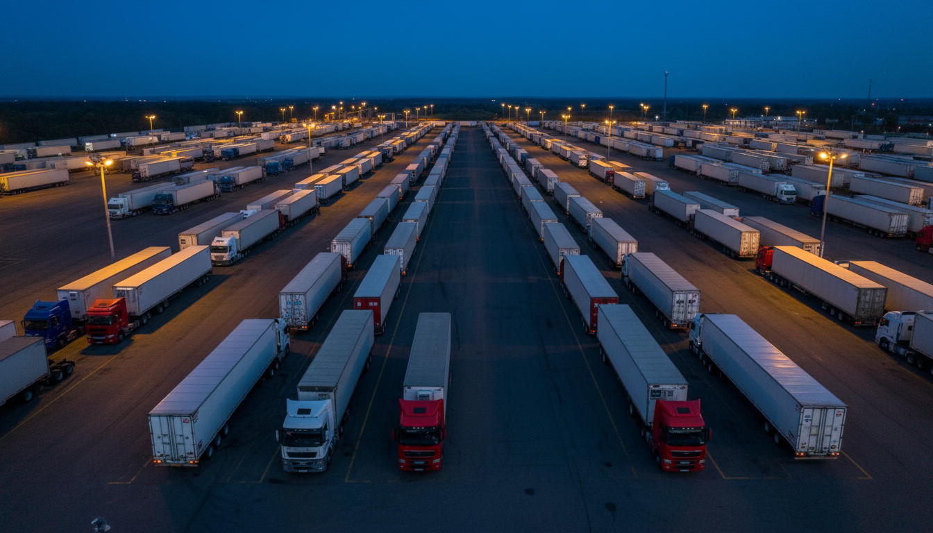 Fleet of trucks aligned at dusk