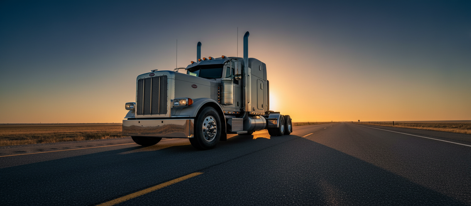 Heavy-duty semi-truck on open highway at dawn