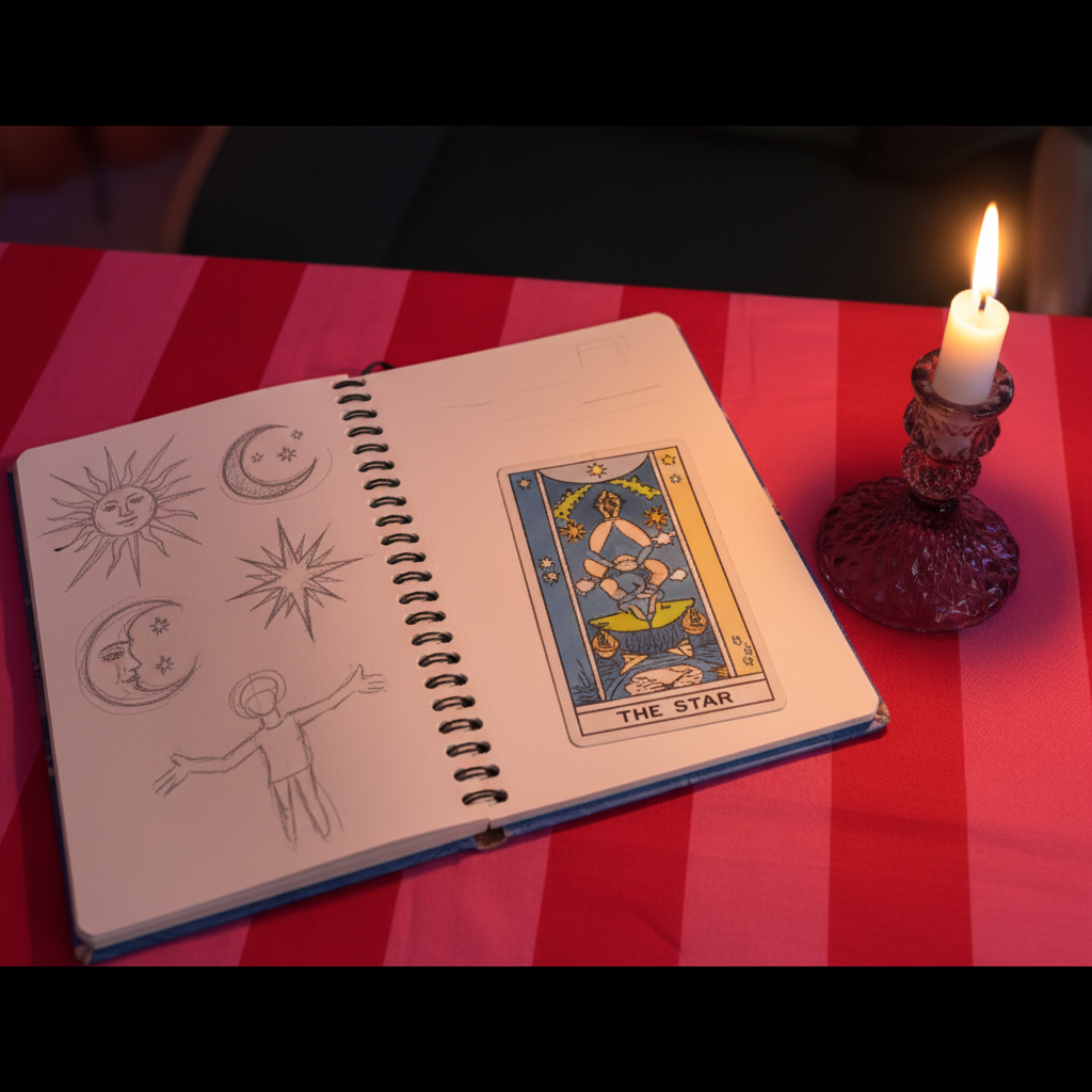 Cartas de tarot junto a bocetos dibujados a mano