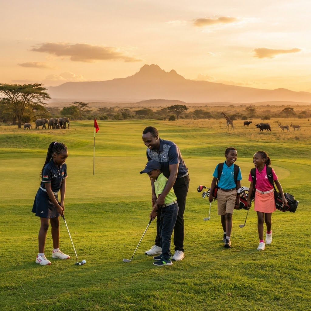 Kenyan children discovering golf on a championship fairway at golden hour, with Mount Kenya and Big Five wildlife in the distance.