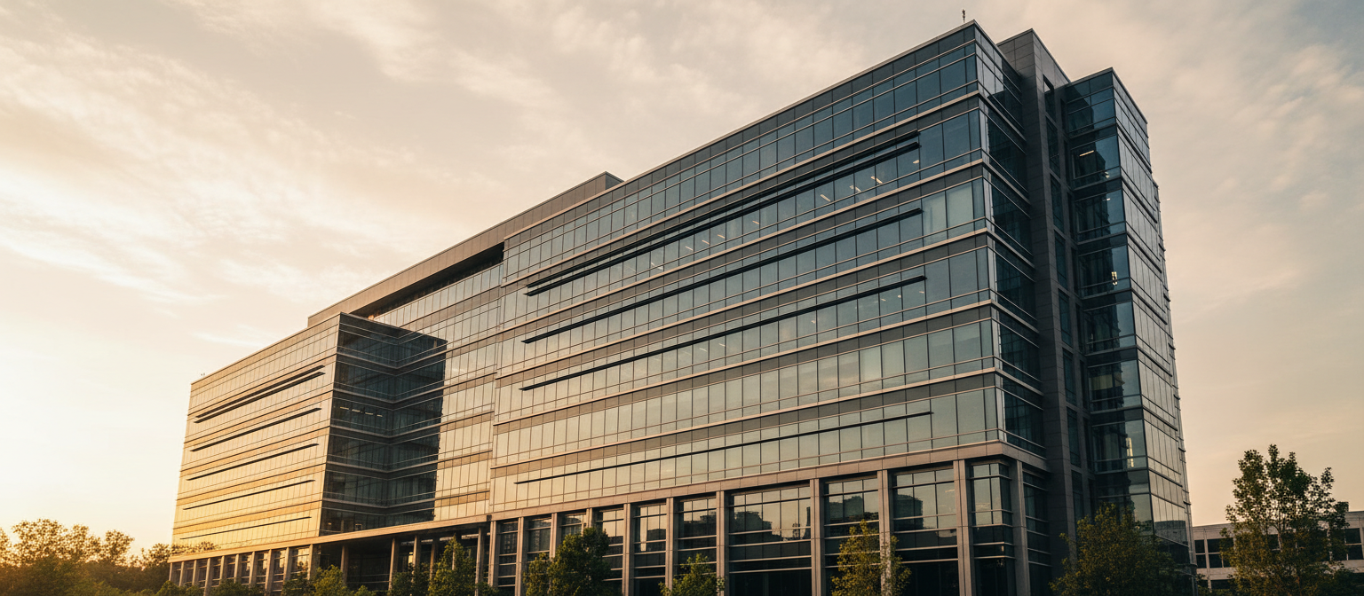Modern corporate architecture at golden hour