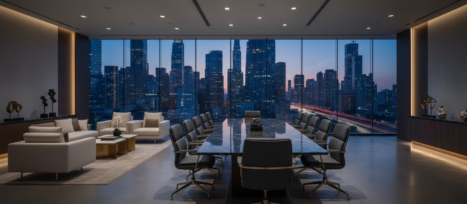Executive boardroom overlooking city skyline