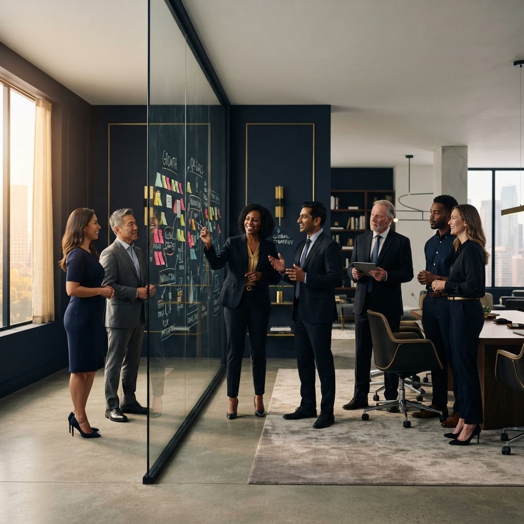 Executive leaders working through a capital strategy around a boardroom strategy wall