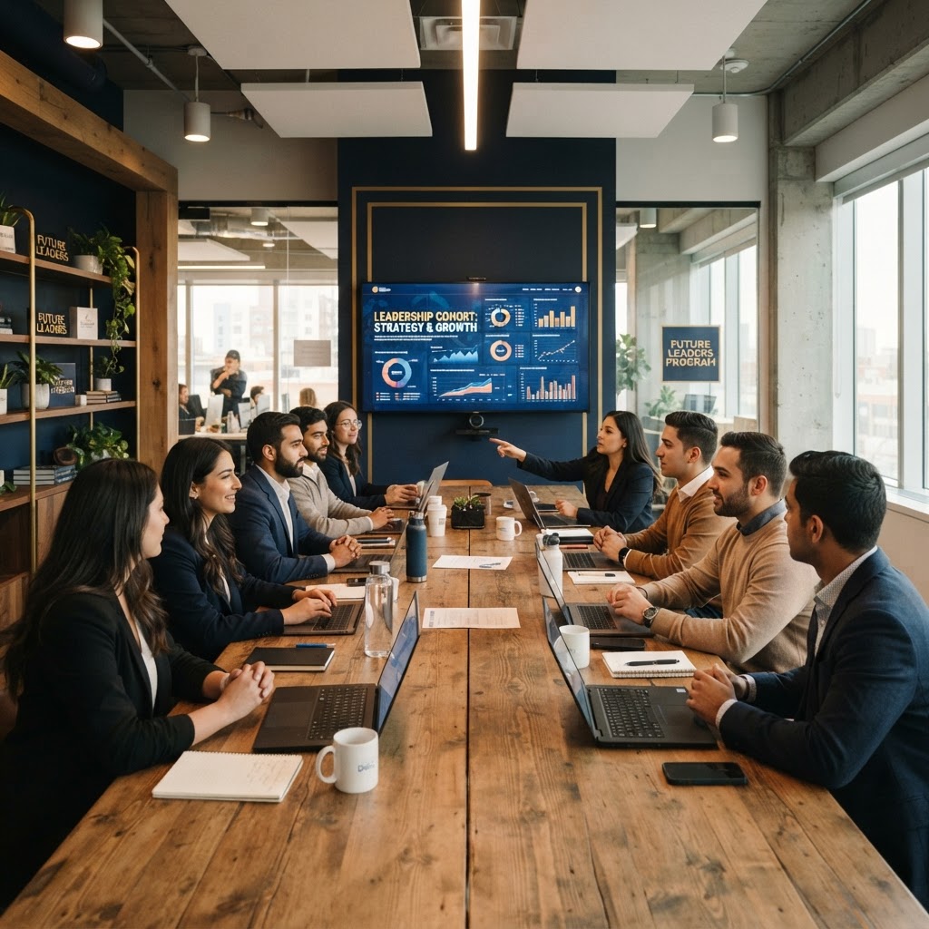 A flagship cohort of executives collaborating around a strategy table