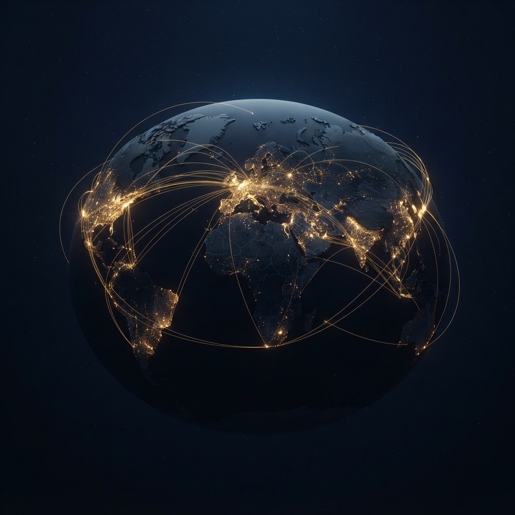 Glowing golden connection arcs linking cities across a dark world map